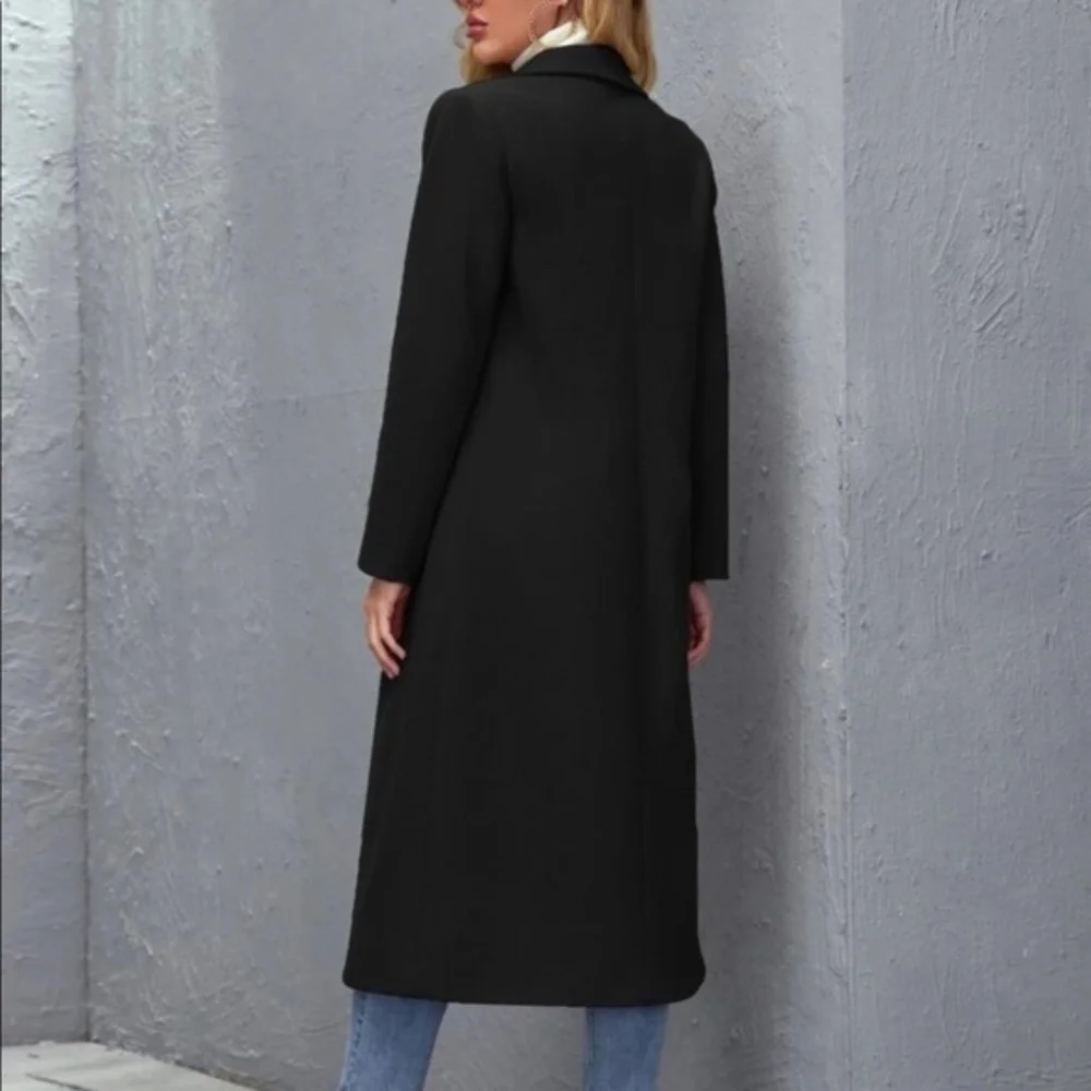 Classic Black wide collar trench Peacoat coat jacket - Picture 4 of 4